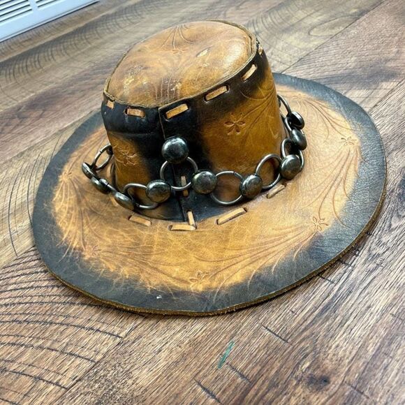 VINTAGE brown leather silver Concho western Cowboy hat western metal daisy stamp main image 7